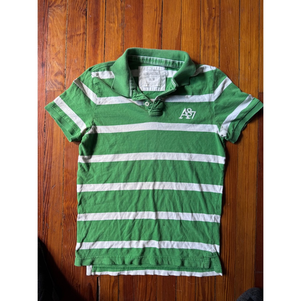 Aeropostale Mens M Green White Striped A87 Logo Short Sleeve Cotton Polo Shirt